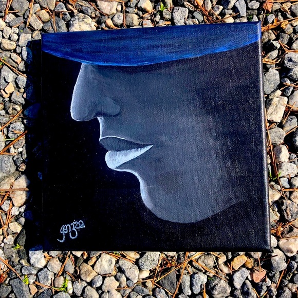 Hand crafted, The Sapphire Hat: Acrylic Portrait on Canvas 7.75” x 7.75” - Picture 3 of 4